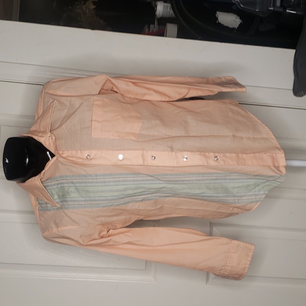 Selkirk Vintage 1960s 1970s Button Down Shirt Salmon Pink & Blue Stripe Large